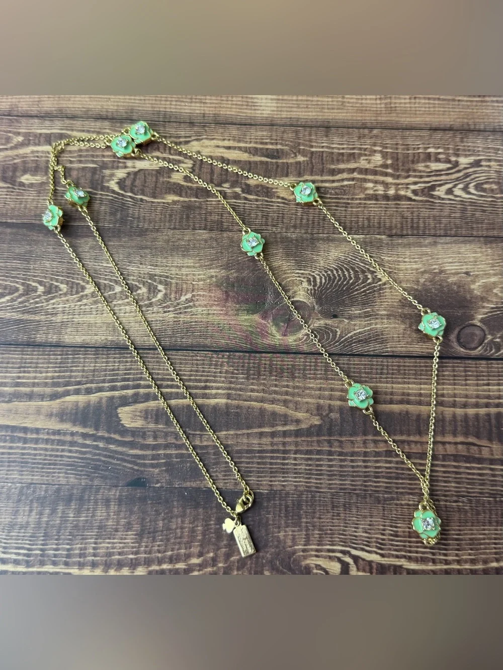 Kate Spade Crystal Rose Garden Long Scatter Necklace | Mint Green Enamel & Gold